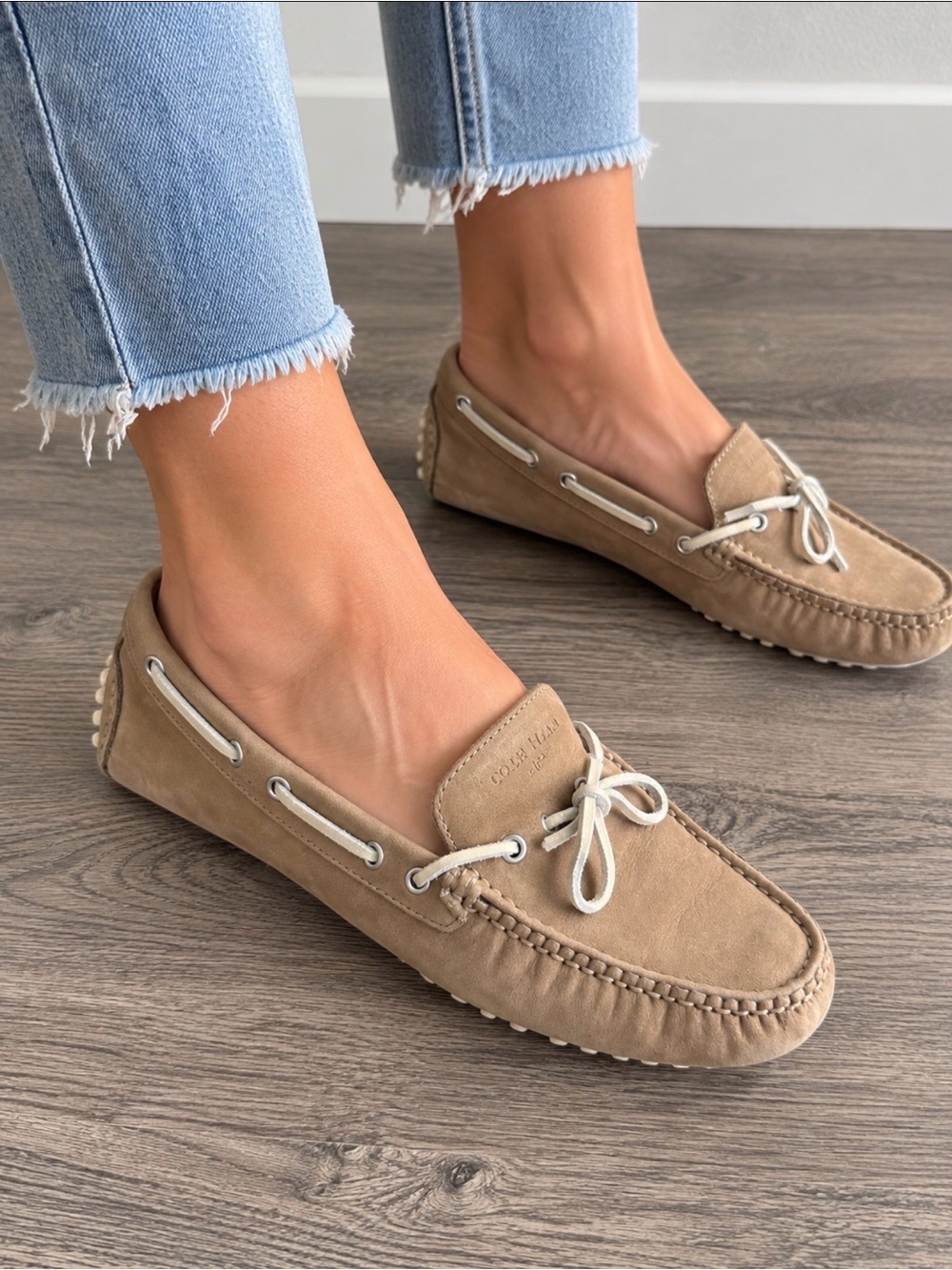 Cole Haan Women's Taupe Suede Moccasin Loafers with Cream Laces